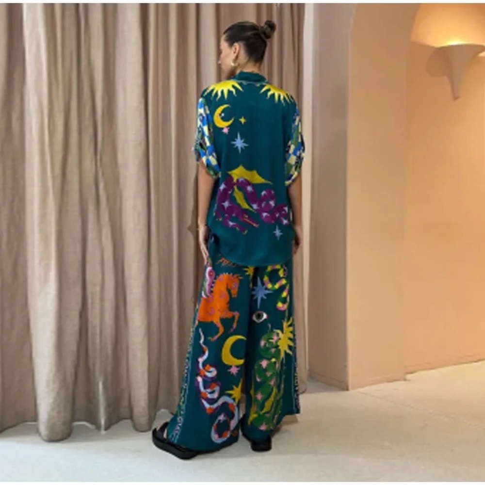Printed Wide-Leg Jumpsuit in Teal with Celestial Motif - Picture 3 of 16